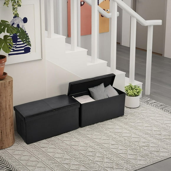 Homy Casa Storage Benches Set of 2 - Foldable 2 Pks PU Faux Leather Storage Ottomans with Soft Upholstery Lid, Black