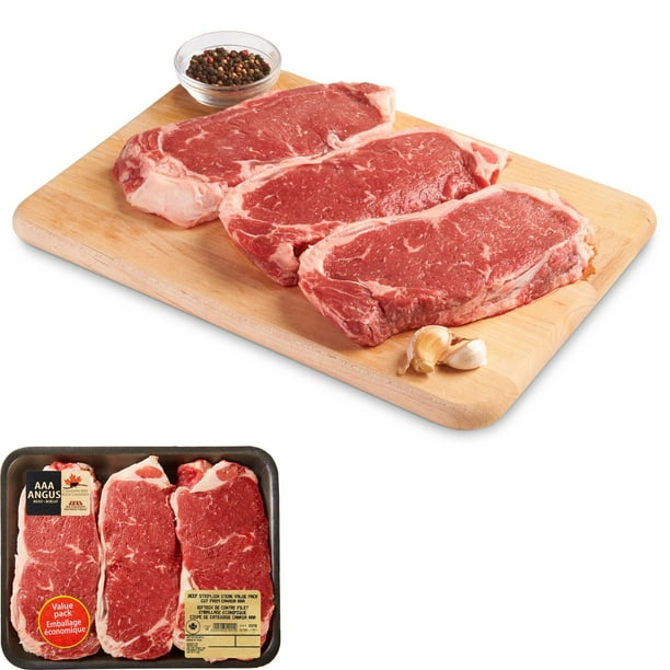 Emballage économique de biftecks de contre-filet, Mon marché fraîcheur, 2 à 4 morceaux par barquette, Bœuf Angus AAA, 0,70 - 1,30 kg