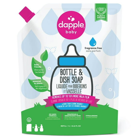 Dapple® Bottle & Dish Soap, Fragrance Free, Refill Size, 1L, Superior cleaning power