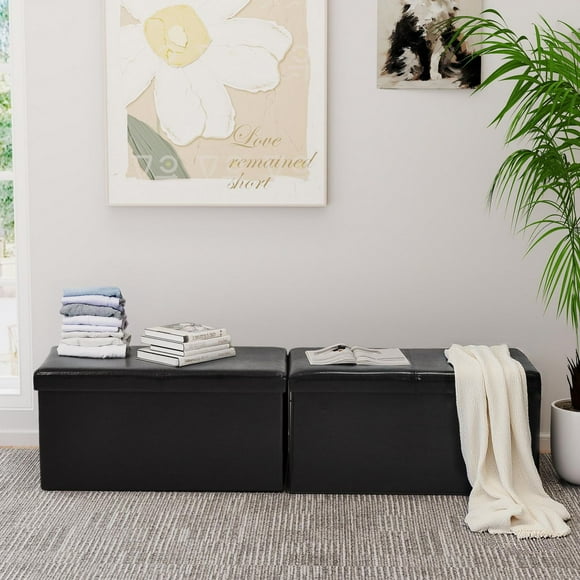 Homy Casa Storage Benches Set of 2 - Entryway Furniture Foldable PU Leather Ottomans with Spacious Hidden Storage, Black