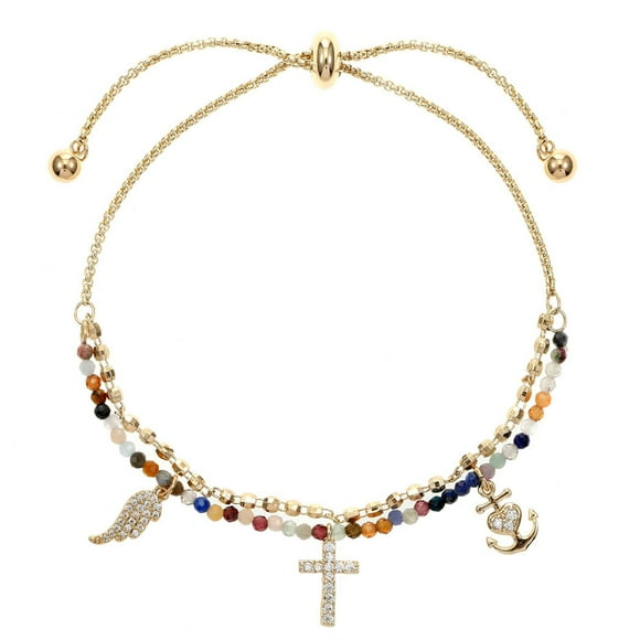 Luxury Designs Multi gemstone bolo bracelet with “Faith” charms