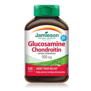 Jamieson Glucosamine Chondritine extra-résistance 900 mg, offre un soulagement de la douleur articulaire, un soutien à l'arthrose et une protection contre le cartilage. 125 Caplets, Fièrement canadiens