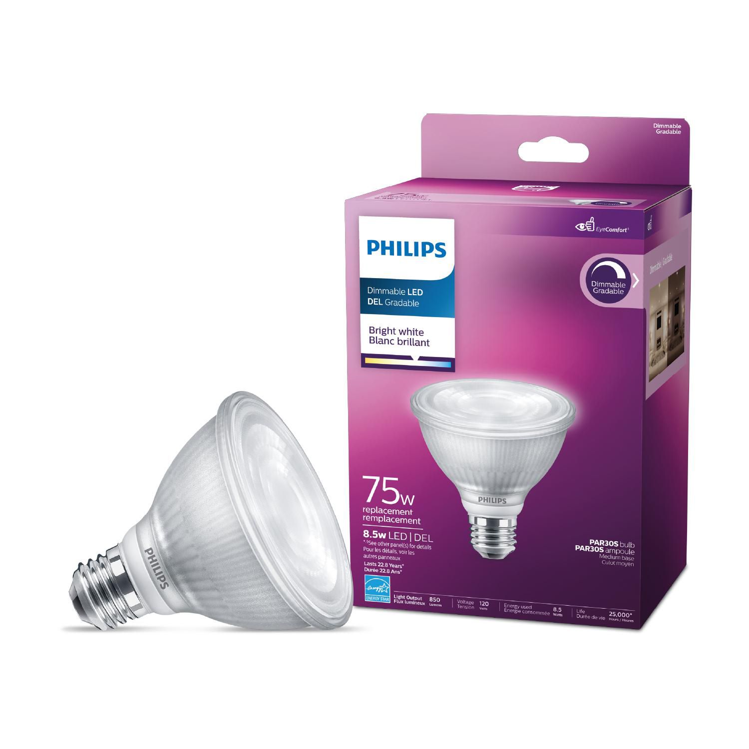 PHILIPS 8.5W (75W equivalent) E26 base Bright White (3000K) Dimmable LED bulb | Walmart Canada