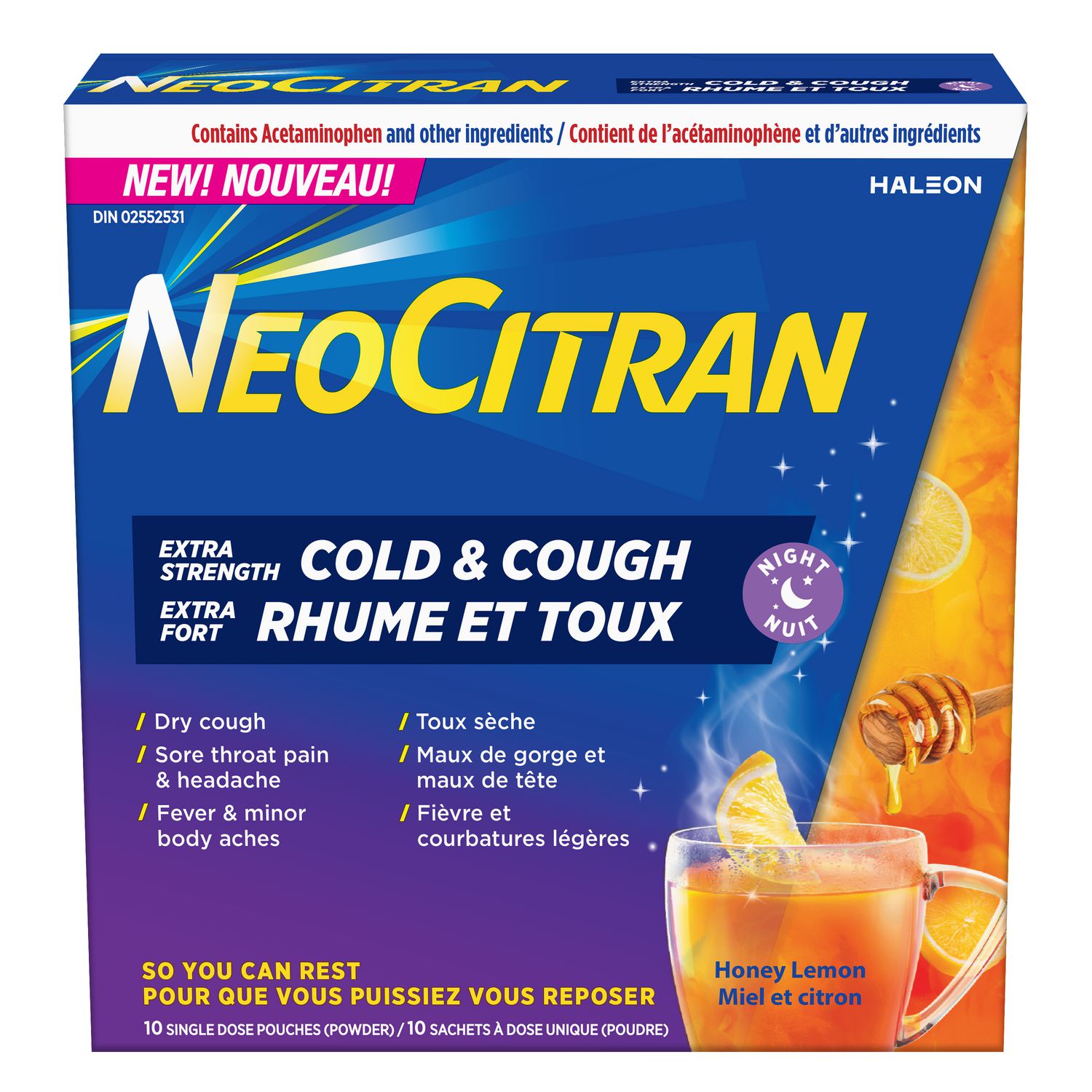 NeoCitran Extra Strength, Cold & Cough Night powder, Honey Lemon Flavour, 10 Single Dose pouches