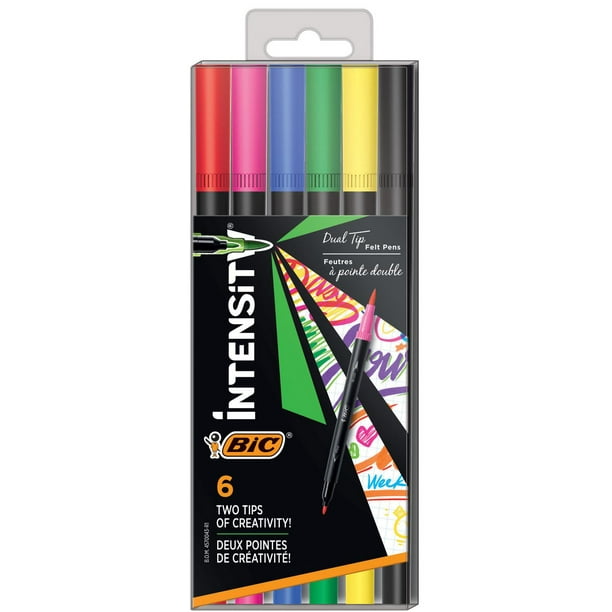Feutres de coloriage BIC Intensity à double pointe, pointe fine (0,7 mm) et  pinceau flexible dans des tons assortis Pack de 6 