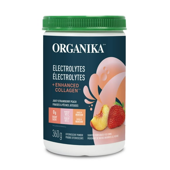 ORGANIKA Electrolytes + Enhanced Collagen Juicy Strawberry Peach, 360G Tub - 30 Servings