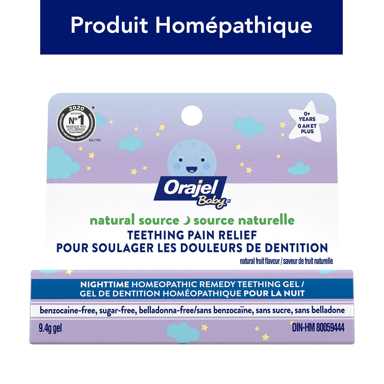 Gel de dentition de source naturelle Formule de nuit Baby OrajelMC 9,4 g, saveur de fruits naturels