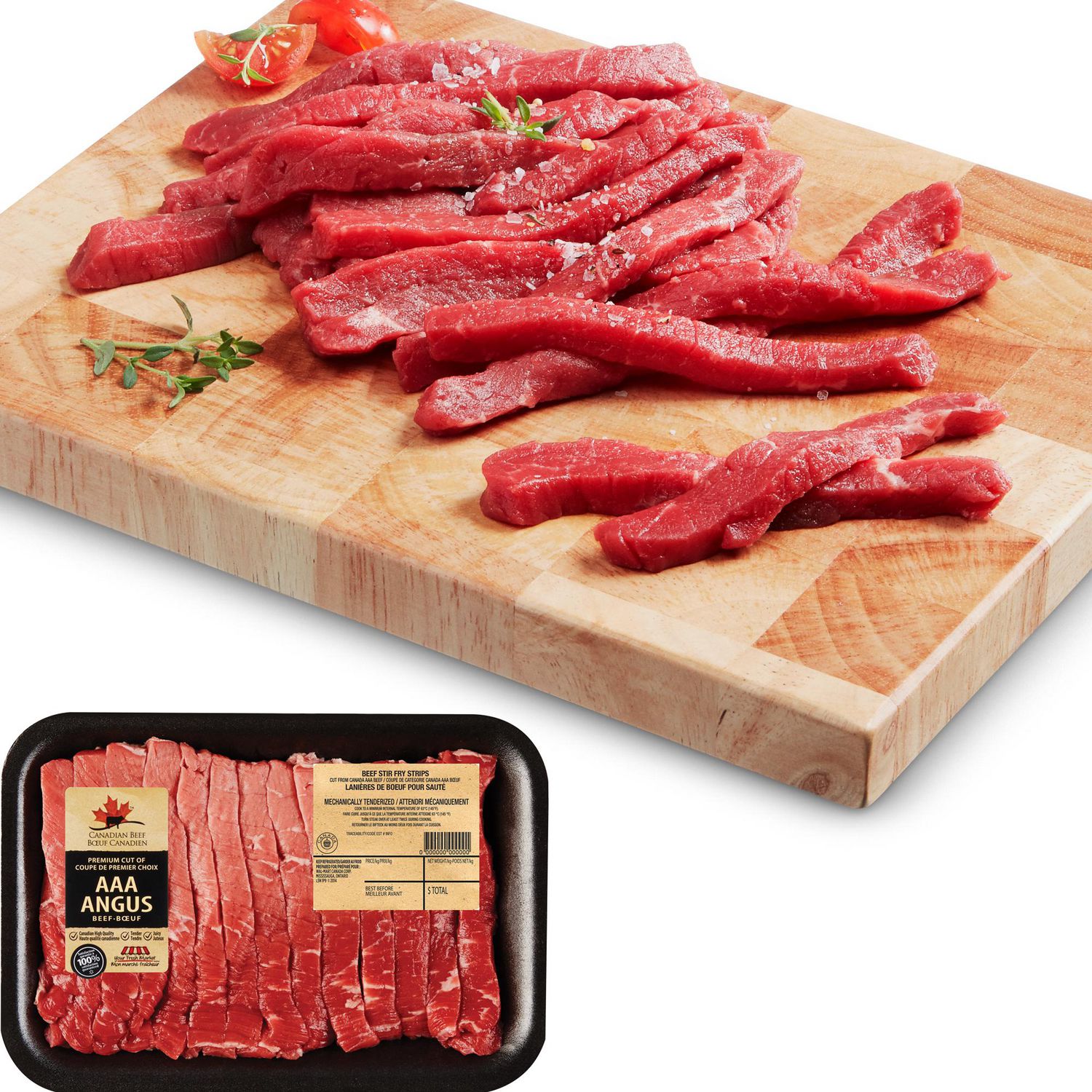 Lanières de Bœuf Sauté, Mon marché fraîcheur, Lanières de Sauté, Bœuf AAA Angus, 0,28 - 0,58 kg Lanières de Bœuf Canadien AAA Angus Crues Indiquées sur le Plateau, Fines Tranches pour la Friture; Emballage Réfrigéré avec Étiquette, l'Emballage Varie selon la Région, Garder au Froid. Convient Aussi aux Bols de Bœuf Ou aux fajitas.