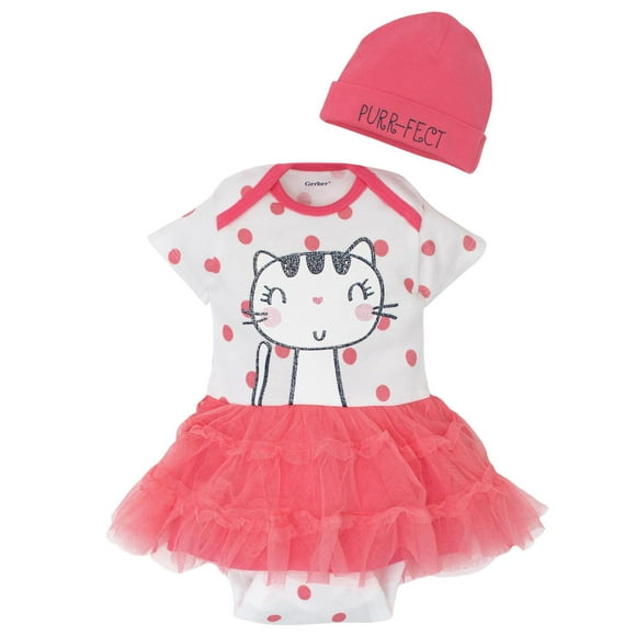 Gerber Newborn Baby Girl Short Sleeve Tutu Bodysuit and Cap Set - Cat - 2 Piece