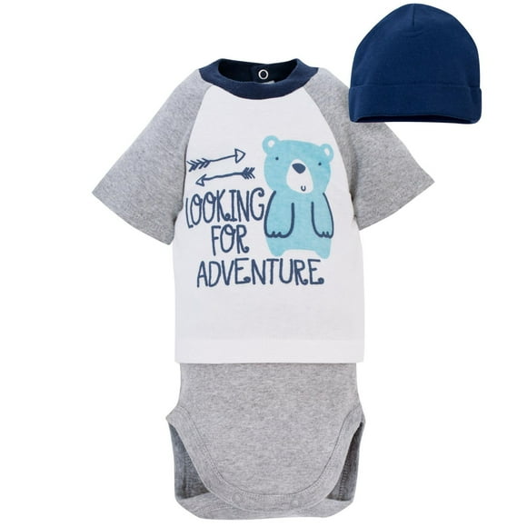 Gerber Newborn Baby Boy Short Sleeve Mock Shirt Bodysuit and Cap Set - Bear - 2 Piece