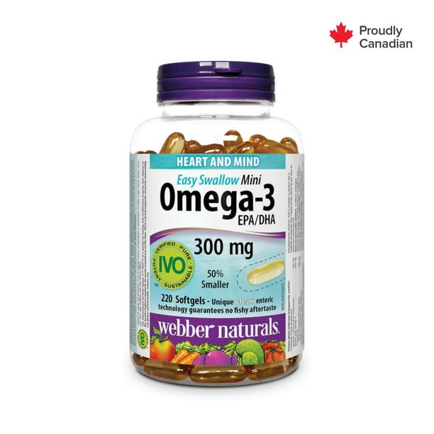 Webber Naturals Oméga-3 Mini Facile à Avaler, 300 mg AEP/ADH 220 gélules entériques transparentes