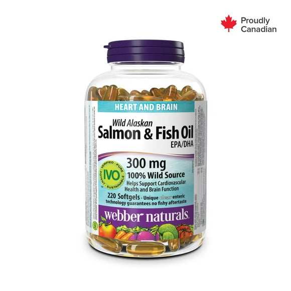 Webber Naturals Gélules Huiles de saumon et de poisson sauvage d'Alaska, 300 mg AEP/ADH 220 gélules entériques transparentes