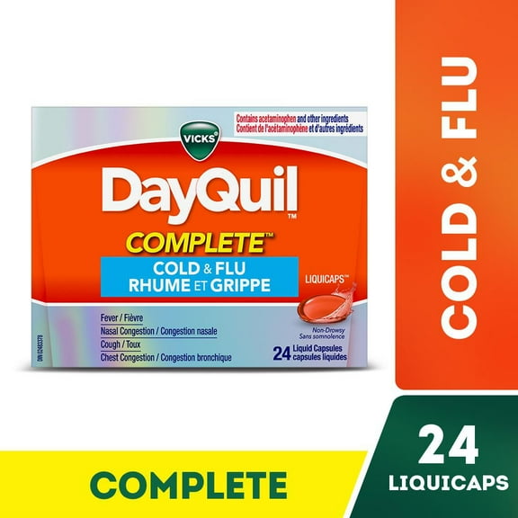 Vicks DayQuil COMPLETE Cold and Flu Medicine, Daytime, Non-Drowsy relief for Cough, Fever, Sore Throat Pain, Sinus congestion, Sinus Pain, Chest Congestion