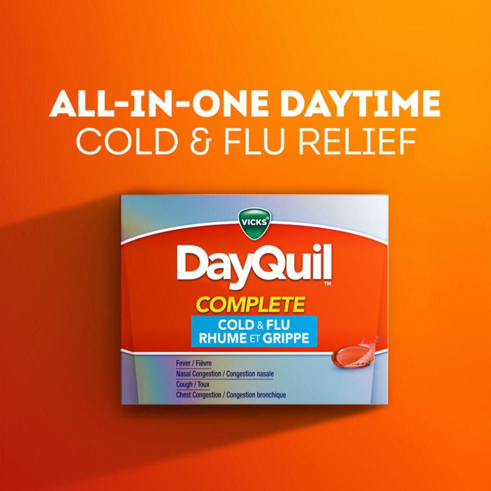 Vicks DayQuil COMPLETE Cold and Flu Medicine, Daytime, Non-Drowsy relief for Cough, Fever, Sore Throat Pain, Sinus congestion, Sinus Pain, Chest Congestion