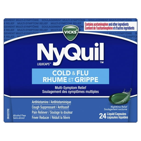 Vicks NyQuil Cold, Flu, and Congestion Medicine, Relieves Nighttime Cough, Sore Throat Pain, Fever, Runny Nose, Liquid Capsules