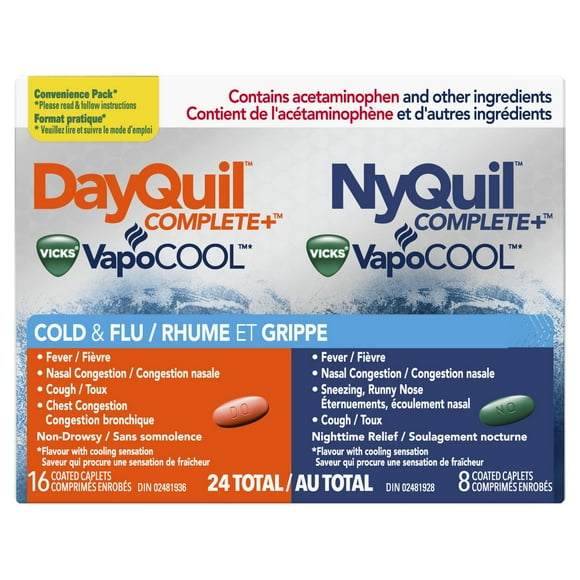 Vicks DayQuil and NyQuil COMPLETE plus Vicks VapoCOOL Cold, Flu and Congestion Medicine, Relieves Cough, Sore Throat Pain, Fever, Runny Nose, Congestion, Daytime and Nighttime, 24 caplets