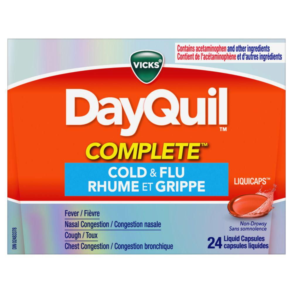 Vicks DayQuil COMPLETE Cold and Flu Medicine, Daytime, Non-Drowsy relief for Cough, Fever, Sore Throat Pain, Sinus congestion, Sinus Pain, Chest Congestion