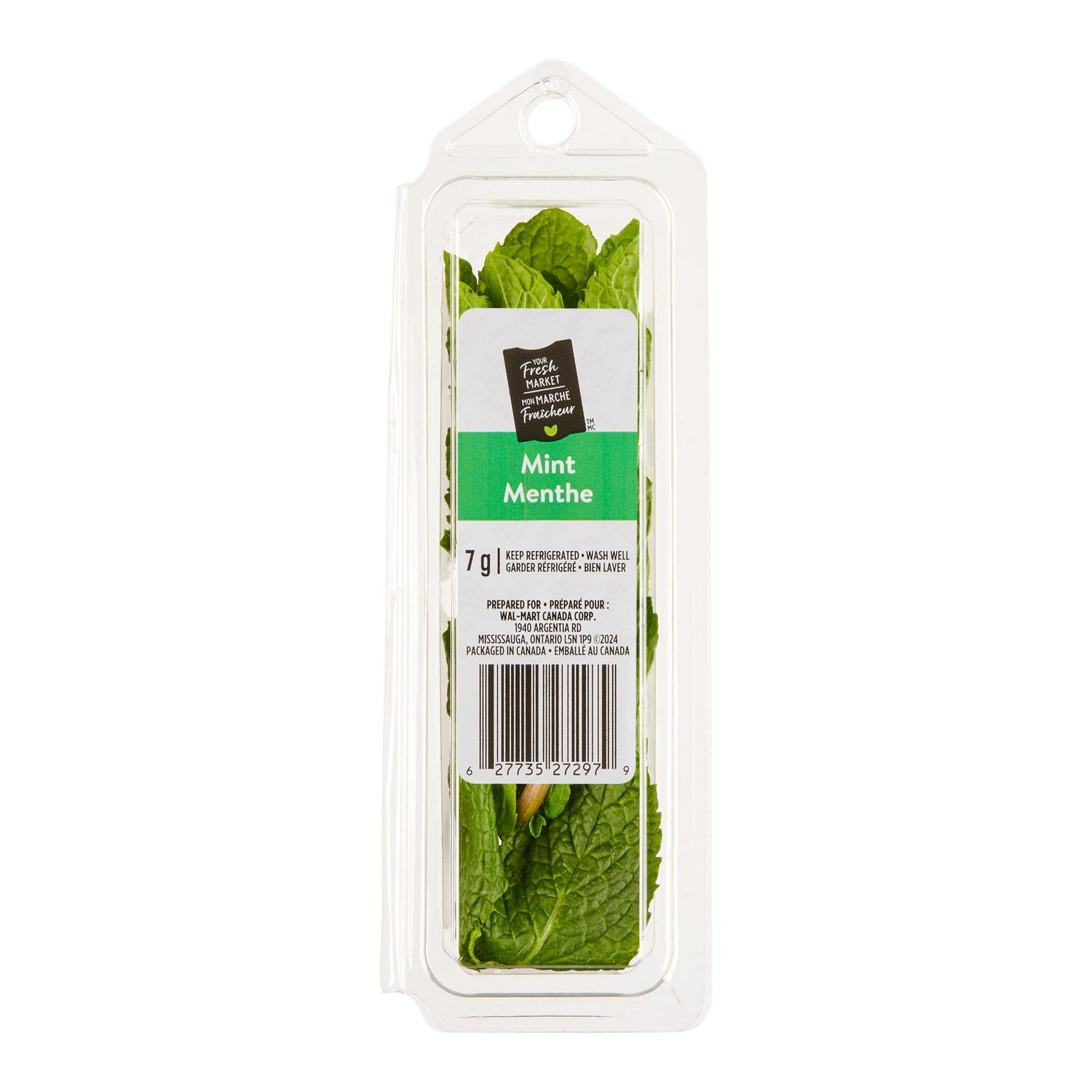 Fresh Mint, Your Fresh Market, 7 g front-facing clear plastic clamshell showing serrated bright green mint leaves; culinary herb to chop or leave as sprigs to garnish salads, roasted vegetables and mojitos; keep refrigerated, packaged in Canada; often used to flavor simple syrups for iced tea.