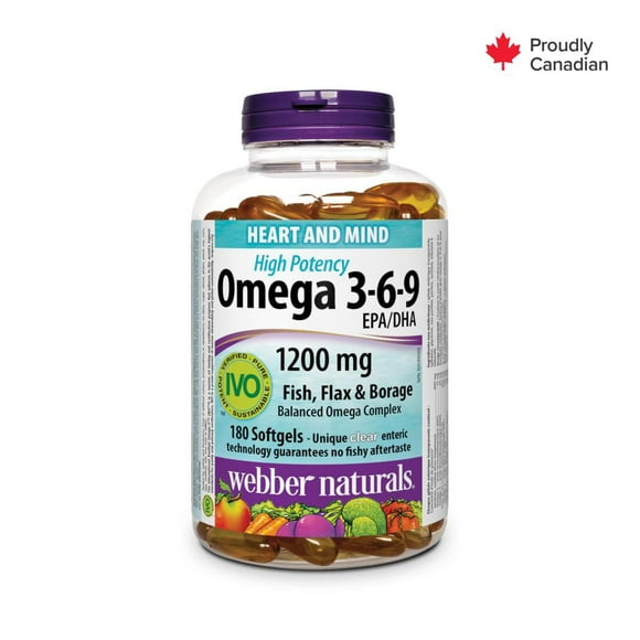 Webber Naturals Oméga 3-6-9 Forte concentration<br>1 200 mg · Poisson, Lin et Bourrache 180 gélules entériques transparentes