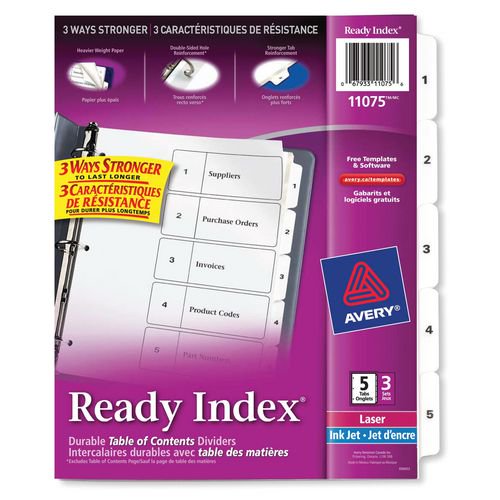 Avery Ready Index - Intercalaires avec table des matières 11075, 5 onglets, 3 jeux