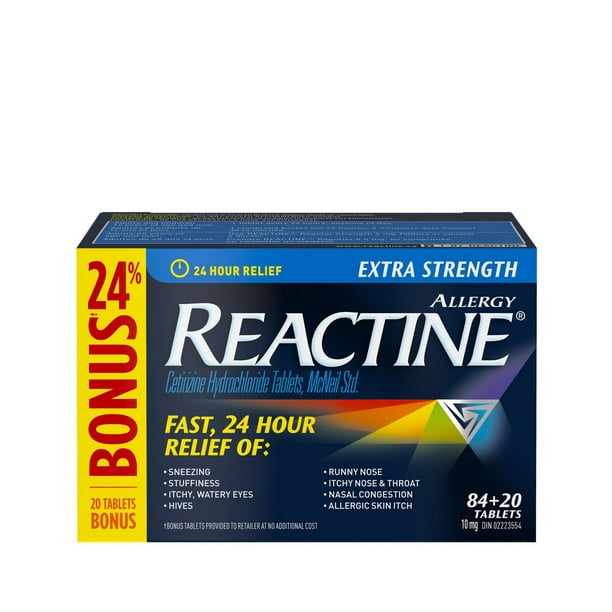Comprimés antihistaminiques Reactine Extra fort, 10 mg, 24 heures de soulagement, médicament contre les allergies, 104 comprimés