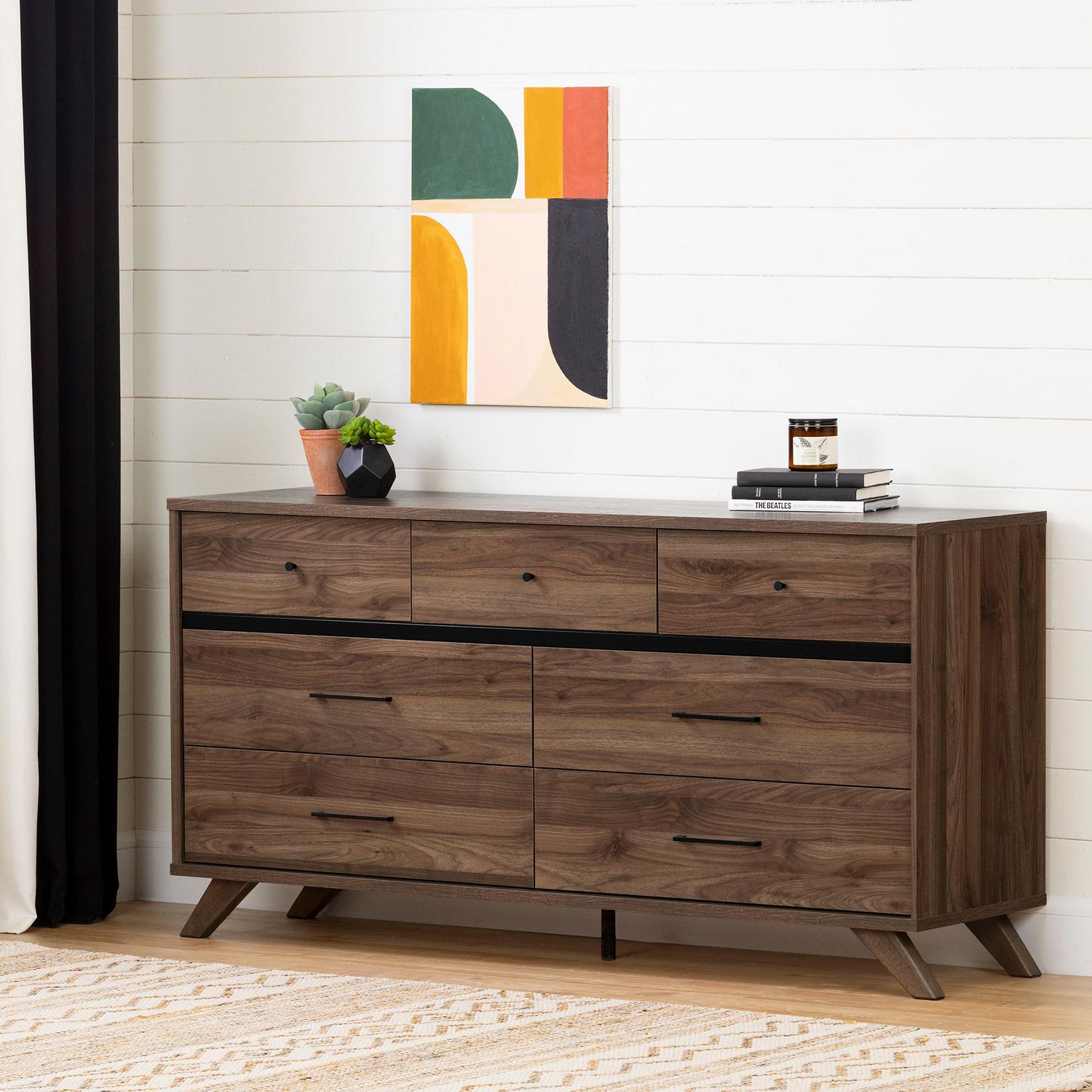 South Shore Flam 7 Drawer Double Dresser Natural Walnut And Matte