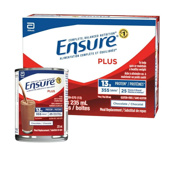 Ensure Plus, Meal Replacement, Complete Balanced Nutrition, Chocolate, 12 x 235 mL Can, 12 x 235-mL (12-Pack)