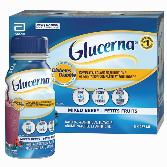Glucerna Nutritional Drink, Meal Replacement Shakes, Complete, Balanced Nutrition For People With Diabetes, Mixed Berry, 6 x 237-mL Bottles