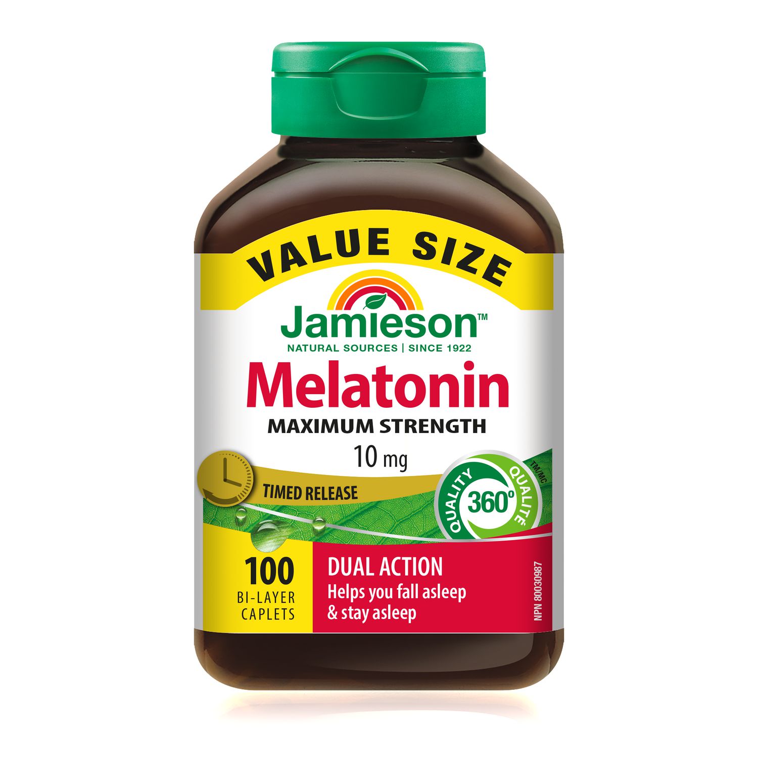 Jamieson Melatonin Timed Release Bi-Layer Caplets, 10 mg, Max Strength, 100 Count