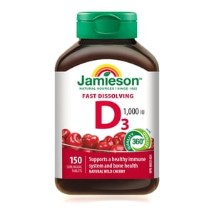 Jamieson Vitamin D3 Fast-Dissolving Tablets, 1000 IU, Cherry Flavour, 150 Count
