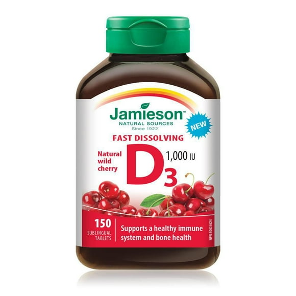 Jamieson Vitamin D3 Fast-Dissolving Tablets, 1000 IU, Cherry Flavour, 150 Count