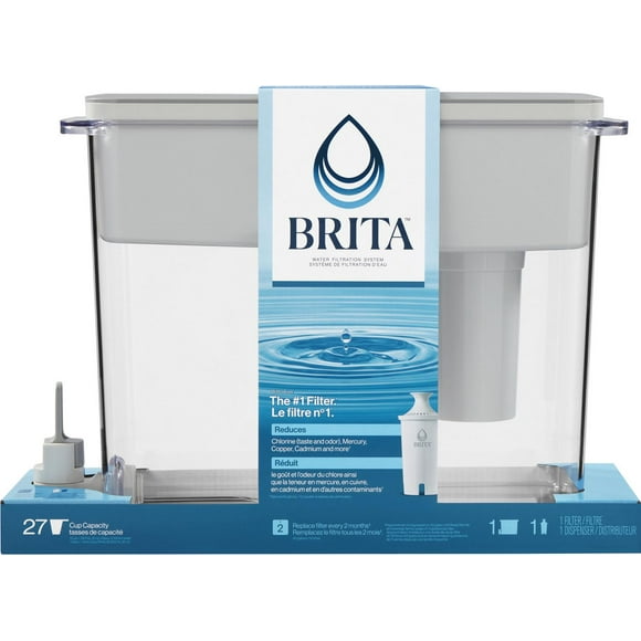 Distributeur de filtration d’eau Brita d’une capacité de 27 tasses, réduit le goût et l’odeur de chlore dans l’eau du robinet, filtre pouvant traiter 151 L, modèle Ultramax gris