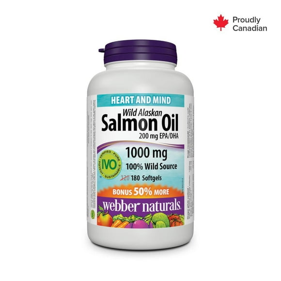 Webber Naturals Huile de Saumon Sauvage d'Alaska 200 mg AEP/ADH, 1 000 mg 180 gélules. PRIME !