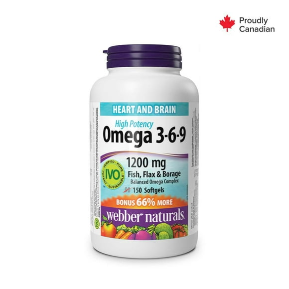 Webber Naturals® Omega 3-6-9 High Potency Fish, Flax & Borage, 1200 mg, 90 + 60 Softgels, BONUS!