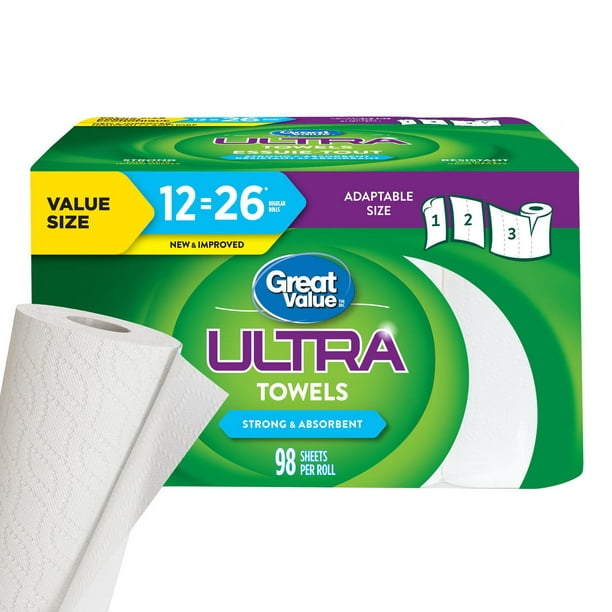 Great Value Ultra Paper Towels, 12 Equal 26 Rolls, 98 Sheets/roll, 2-ply,  98 Sheets/roll 