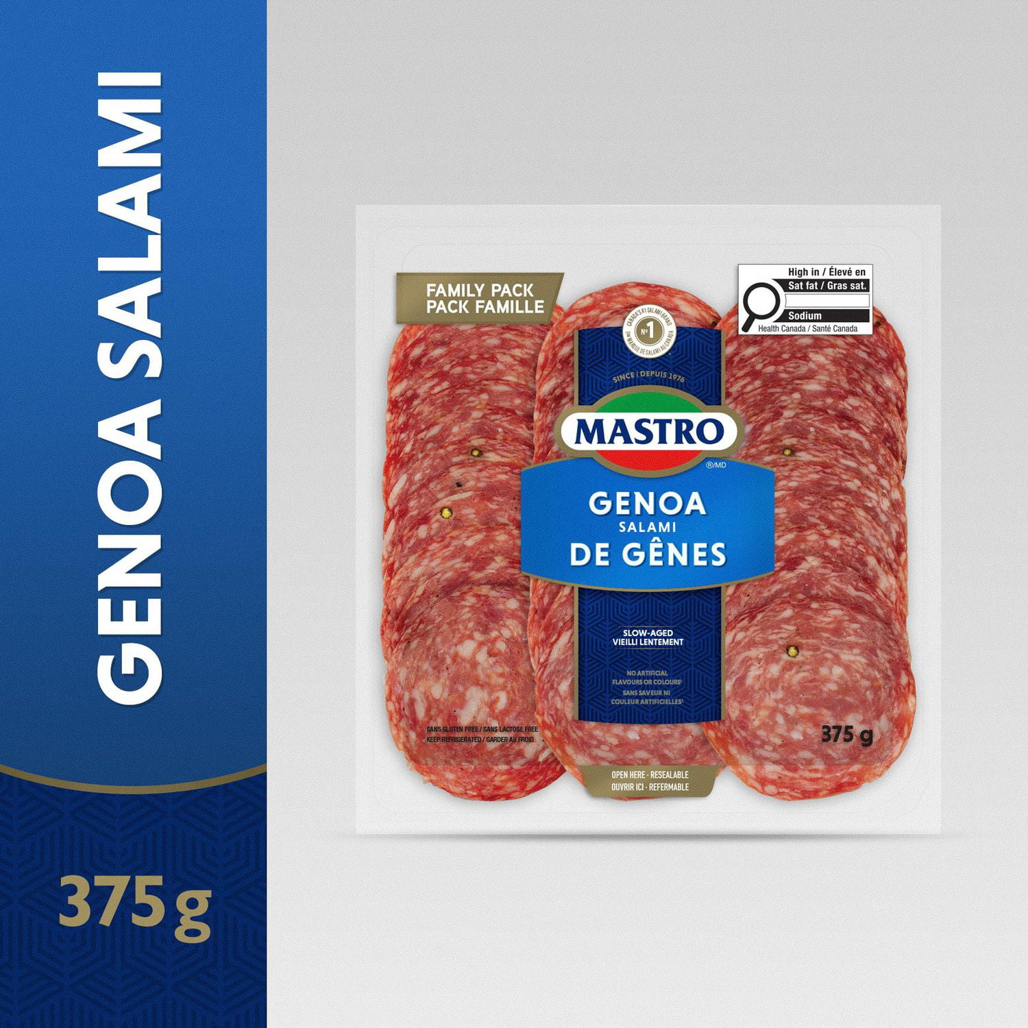 Salami de Gênes doux Mastro, en tranches et salaisonné à sec, format familial 375g