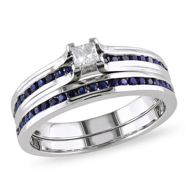 Ensemble nuptial Miadora en argent sterling avec 0.17 carat de diamant de coupe princesse et 0.50 carat de saphir bleu synthétique