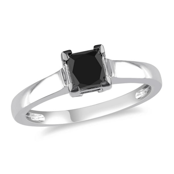 Bague de fiançailles Miadora avec 1 carat de diamant noir solitaire de coupe princesse en or blanc 10k