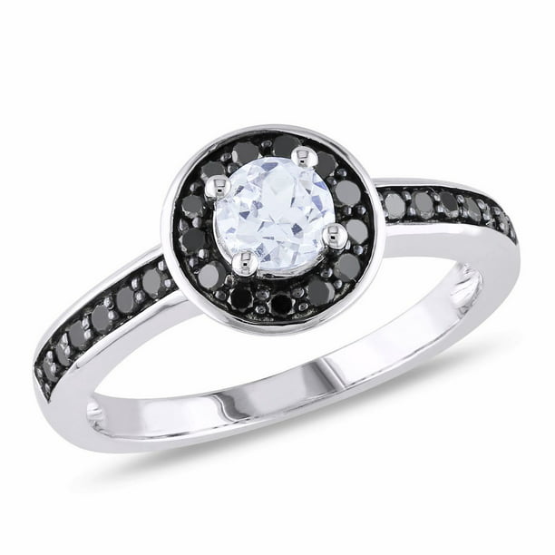Bague de fiançailles Miadora avec 0.50 carat de saphir blanc synthétique et 0.25 carat diamant noir en halo en or blanc 10k