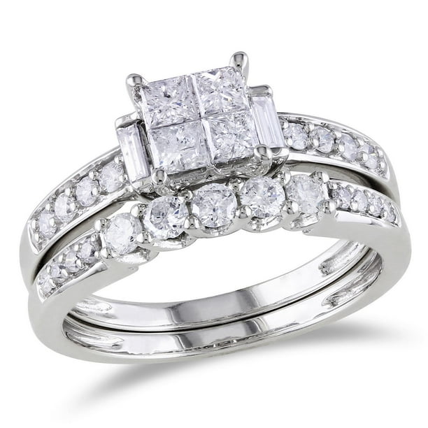 Ensemble nuptial Miadora avec 1 carat de diamant de coupe princesse, ronde et baguette en or blanc 10k