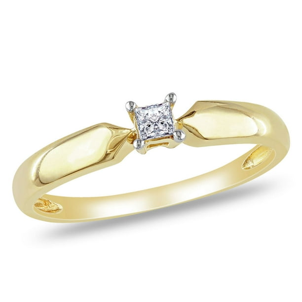 Bague de fiançailles avec 0.10 carat de diamant solitaire de coupe-princesse en or jaune 10k
