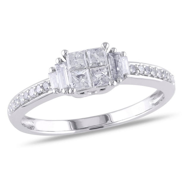 Bague de fiançailles Miadora avec 0.50 carat de diamant de coupe princesse, baguette et ronde en or blanc 10k