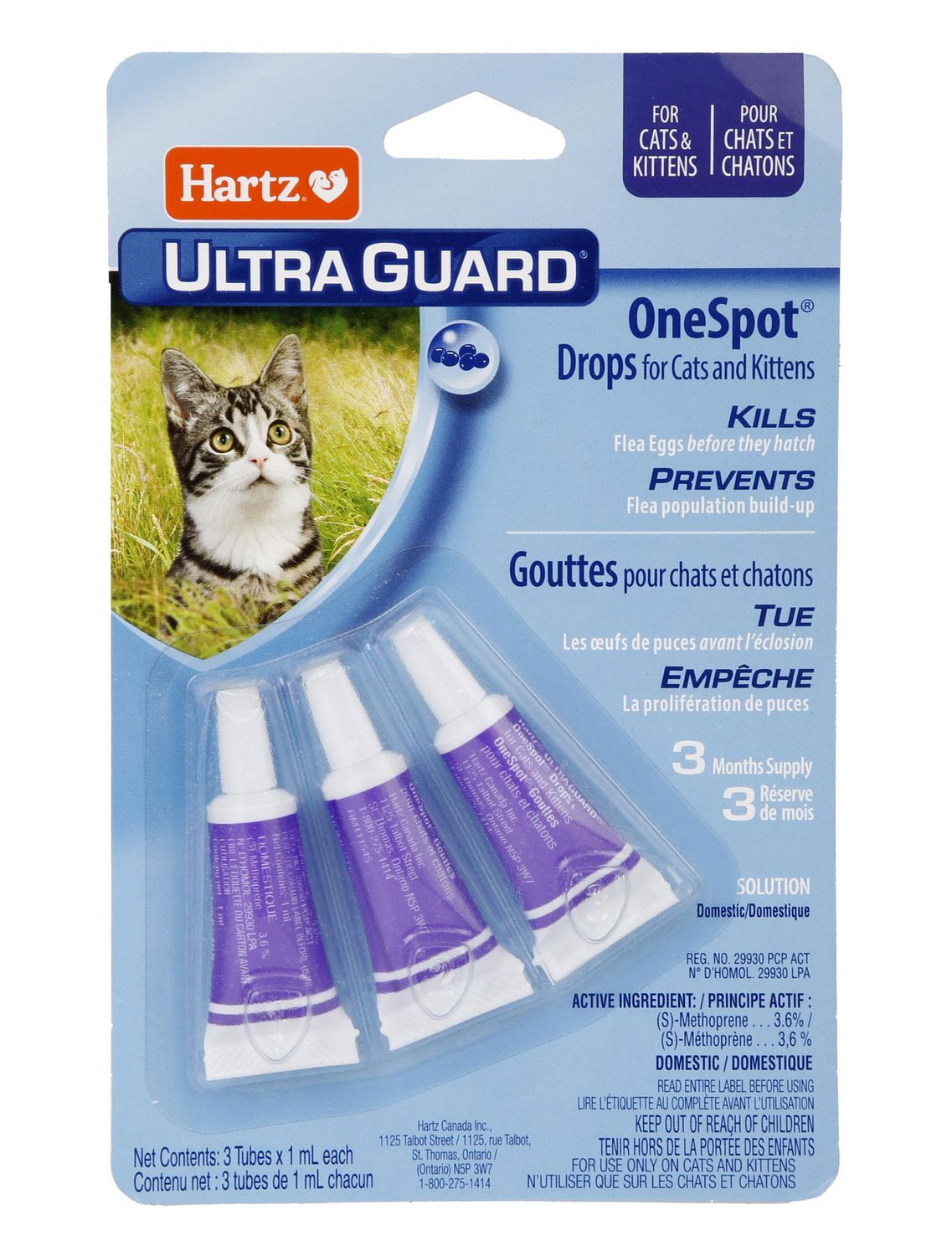 Hartz Ultraguard One Spot Drops Flea and Tick Prevention for Cats And Kittens Kills and prevents flea eggs and flea larvae. Repeat monthly. Do not use on kittens less than 12 weeks