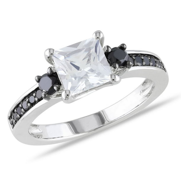 Bague de fiançailles Asteria avec 1.33 carat de saphir blanc synthétique et 0.33 carat de diamant noir en argent sterling