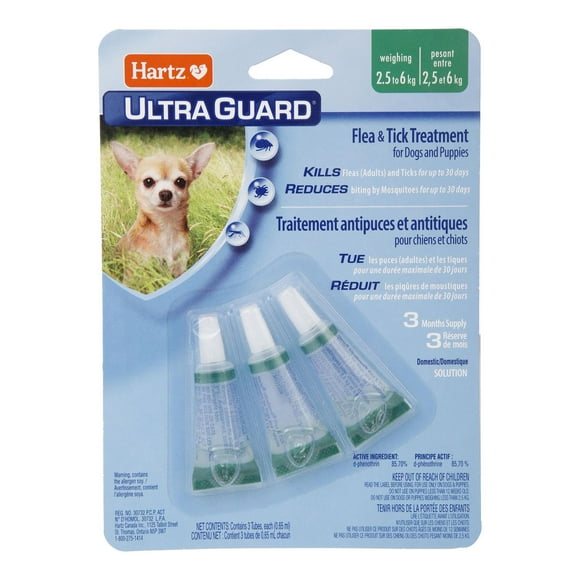 Hartz Ultraguard Flea & Tick Treatment for Dogs And Puppies 2.5 to 6 Kg, Each package contains 3 tubes, usage 1 tube per month.  Do not use on dogs under 12 weeks of age.