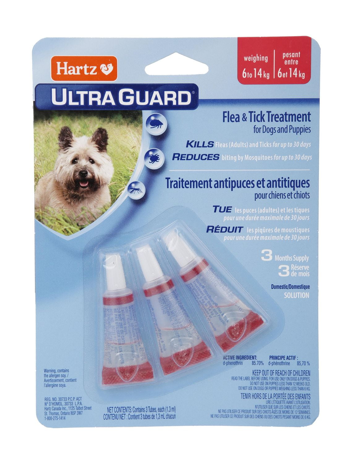 Hartz Ultraguard Flea Tick Treatment for Dogs And Puppies 6 to 14 Kg Each package contains 3 tubes usage 1 tube per month. Do not use on dogs