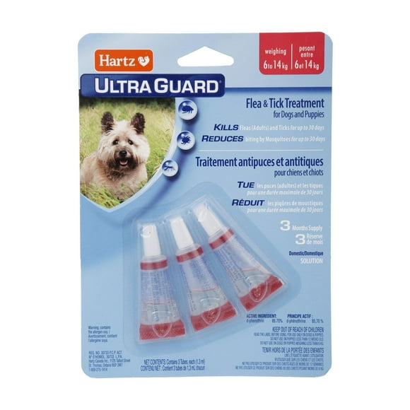Hartz Ultraguard Flea & Tick Treatment for Dogs And Puppies 6 to 14 Kg, Each package contains 3 tubes, usage 1 tube per month.  Do not use on dogs under 12 weeks of age.
