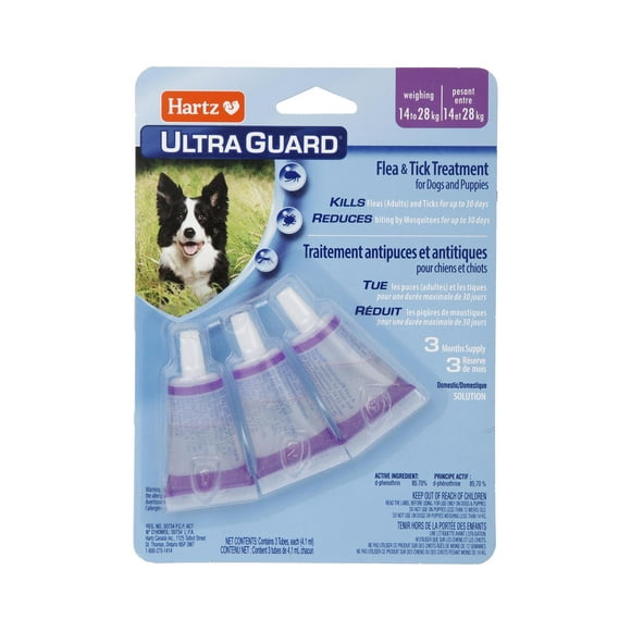 Hartz Ultraguard Flea & Tick Treatment for Dogs And Puppies 14 to 28 Kg, Each package contains 3 tubes, usage 1 tube per month.  Do not use on dogs under 12 weeks of age.