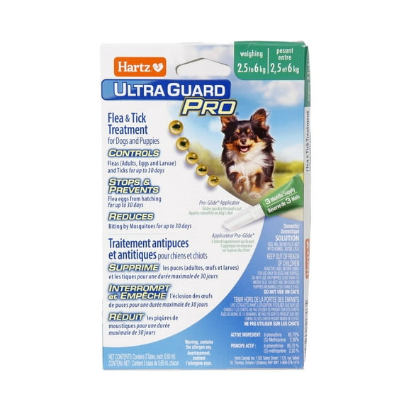 Hartz Ultraguard plus Flea & Tick Treatment for Dogs And Puppies 2.5 to 6 Kg, Each package contains 3 tubes, usage 1 tube per month.  Do not use on dogs under 12 weeks of age.