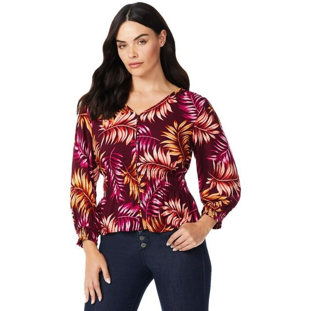 Sofia Jeans by Sofia Vergara Women's Print Top with 3/4 Puff Sleeves